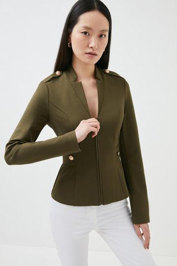 Military Zip Front Ponte Jersey Blazer khaki