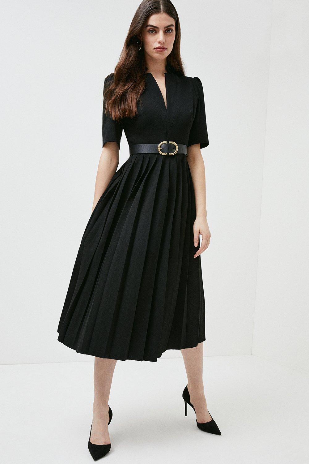 Structured Crepe Forever Pleat Belted Midi Dress | Karen Millen