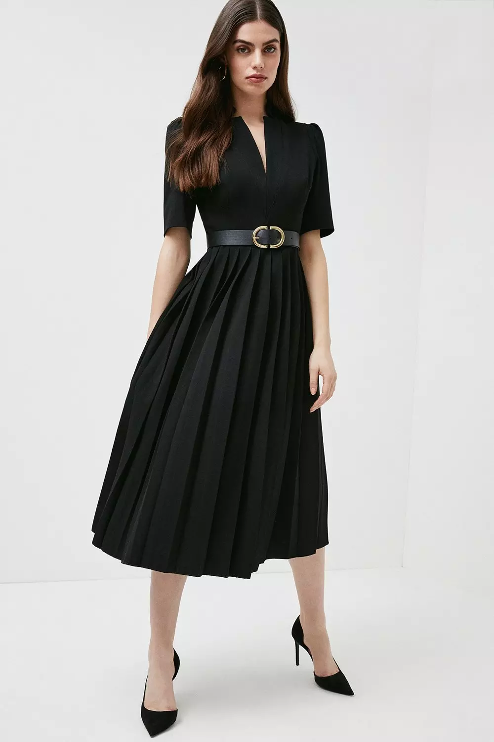 Women's Crepe Pleat Front 3/4 Sleeve Belted Midaxi Dress