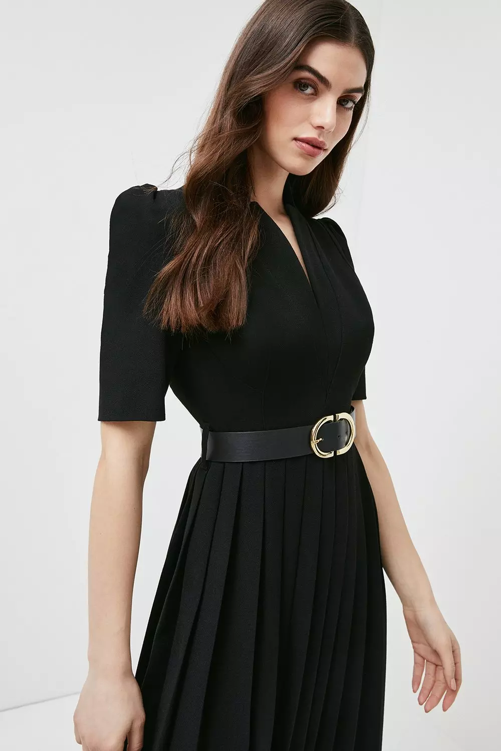 Structured Crepe Forever Pleat Belted Midi Dress