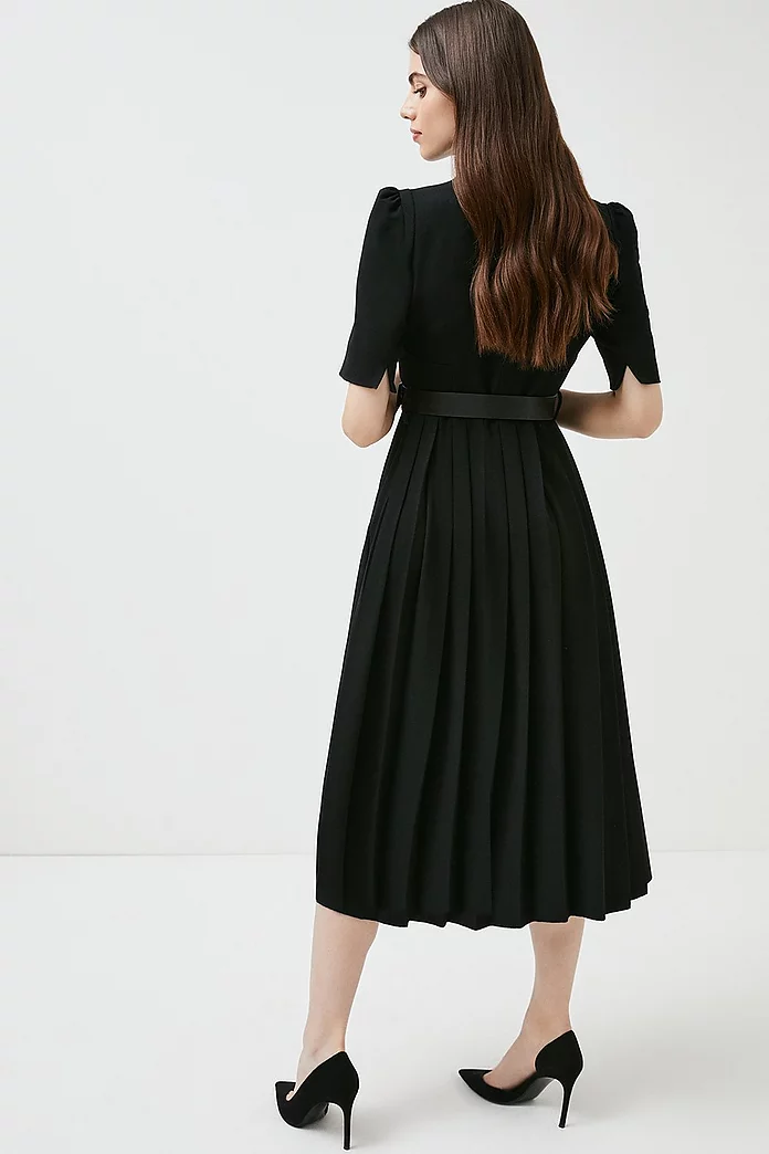 Structured Crepe Forever Pleat Belted Dress
