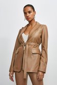 Tan Leather D Ring Belted Blazer