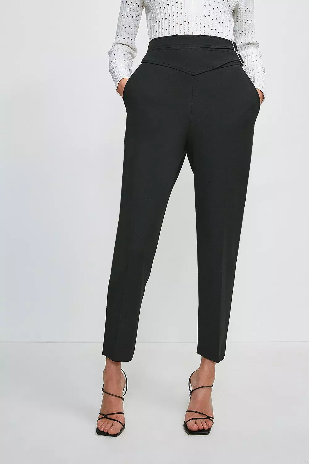 Petite Black Contrast Waistband High Waisted Trousers | New Look