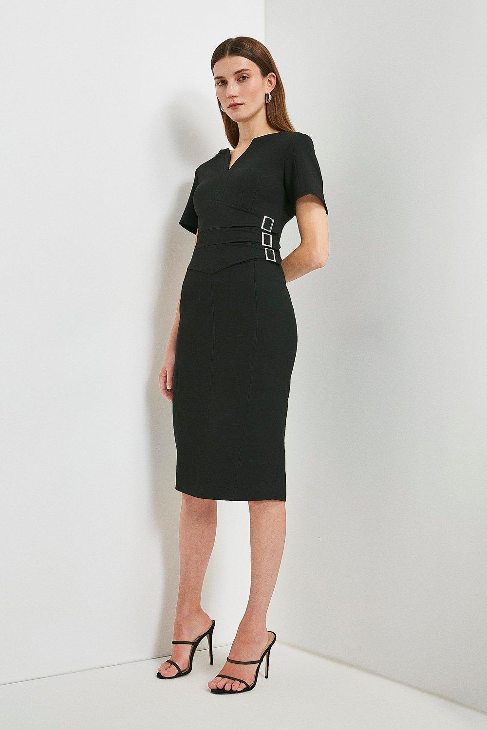 Compact Stretch Buckle Detail Pencil Dress | Karen Millen