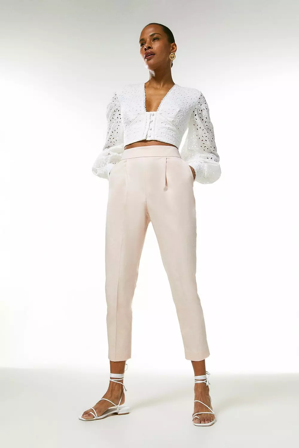 White high waisted tapered hot sale trousers