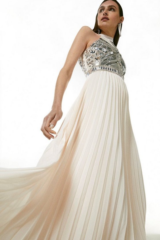 Guipure Lace Sequin Pleat Dress | Karen Millen