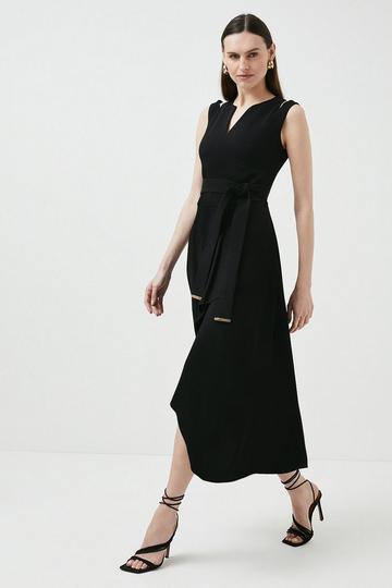 Compact Stretch Viscose Tailored Waterfall Midaxi Dress black