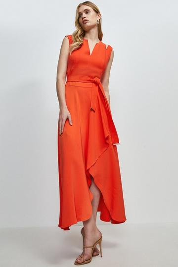 Orange Compact Stretch Viscose Tailored Waterfall Midaxi Dress