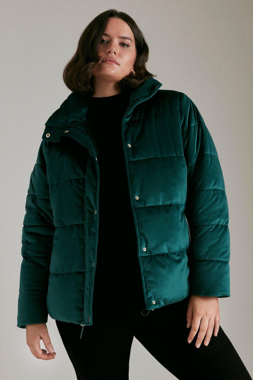 Velvet green puffer jacket sale