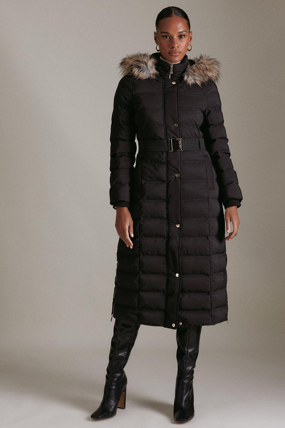 Belted Puffer Faux Fur Maxi Hooded Vest