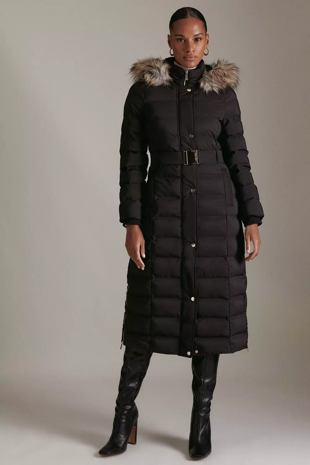 Maggie Belted Padded Coat with Faux Fur Hood in Black