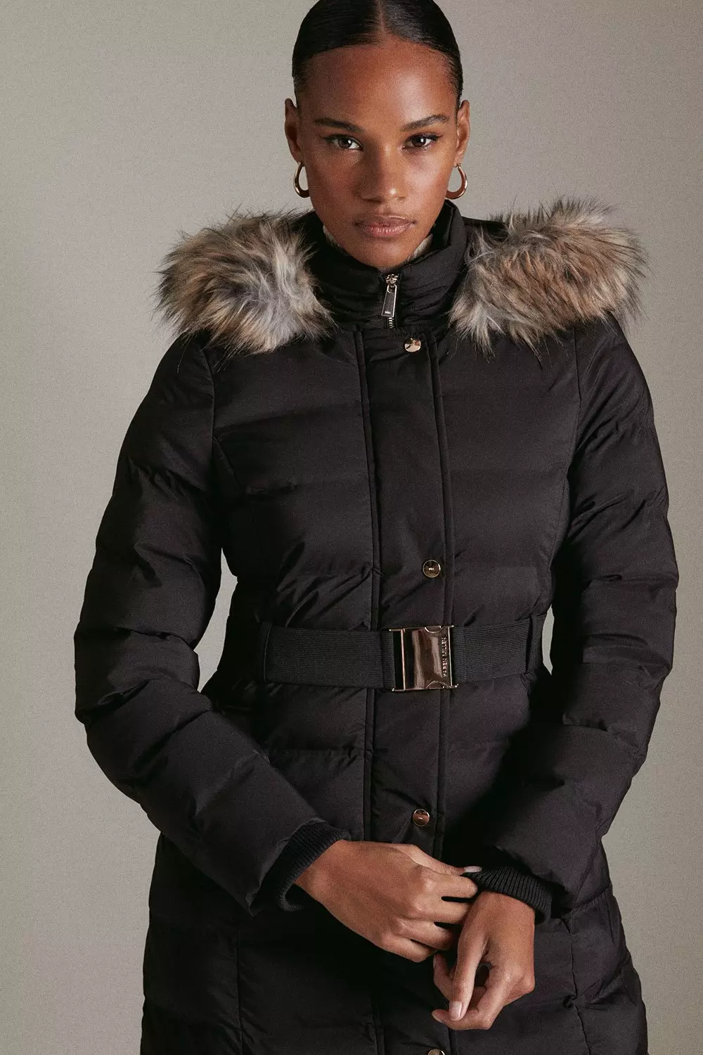 Vinyl faux fur hooded belted puffer jacket new arrivals