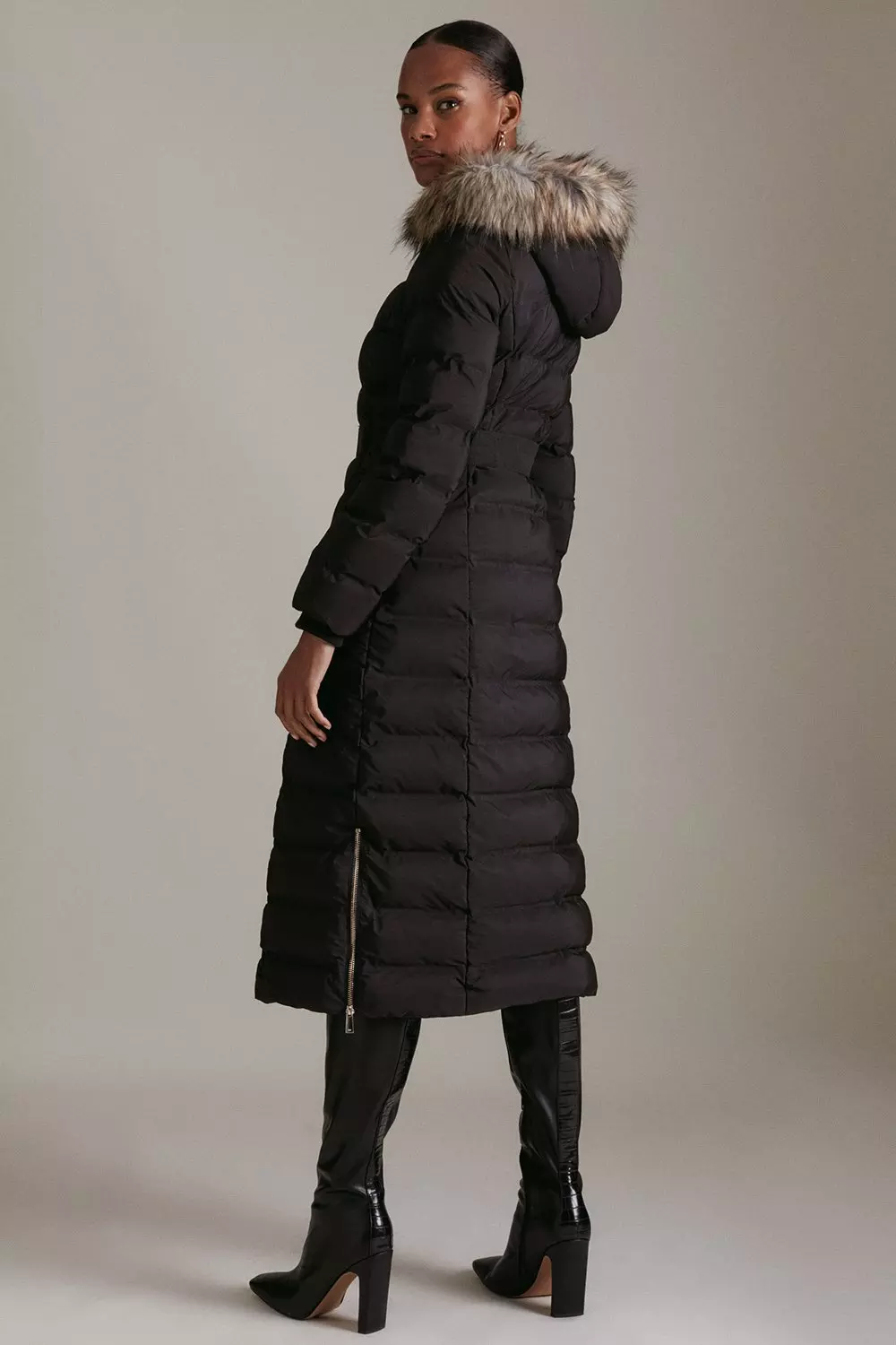 Belted fur hood outlet coat