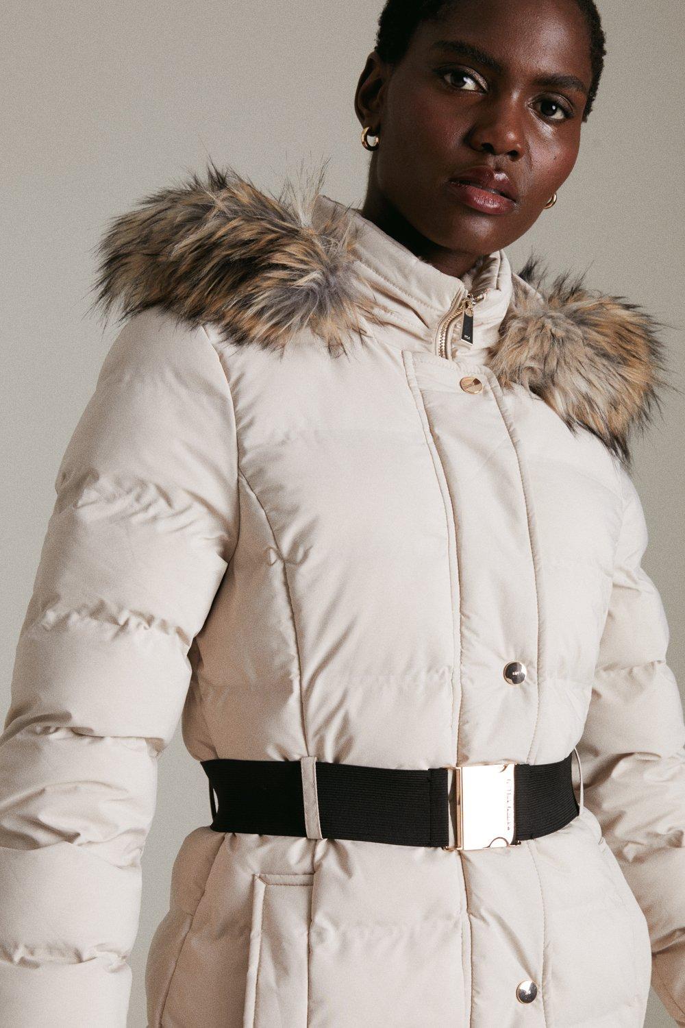 padded faux fur hood coat with belt