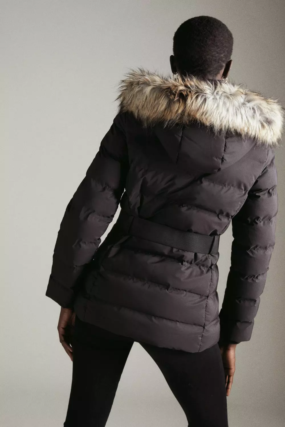 Black padded faux fur trim best sale puffer coat