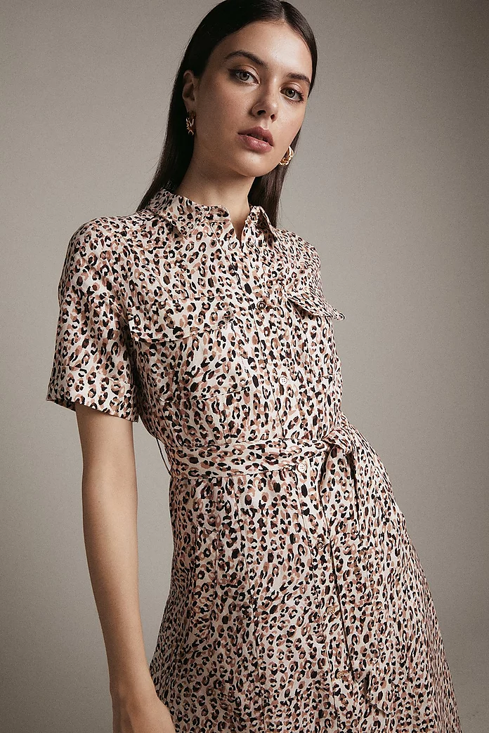 Animal Print Linen Viscose Woven Midi Shirt Dress | Karen Millen