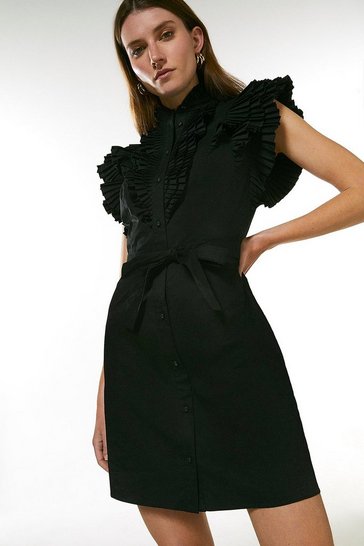 Pleat Ruffle Belted Shirt Dress | Karen Millen