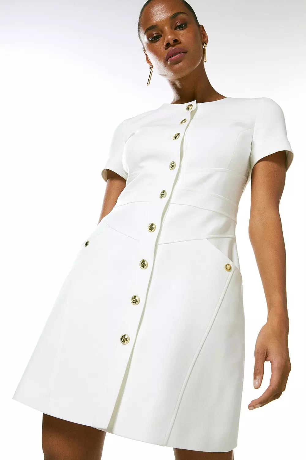 Compact Stretch Military Button A Line Dress