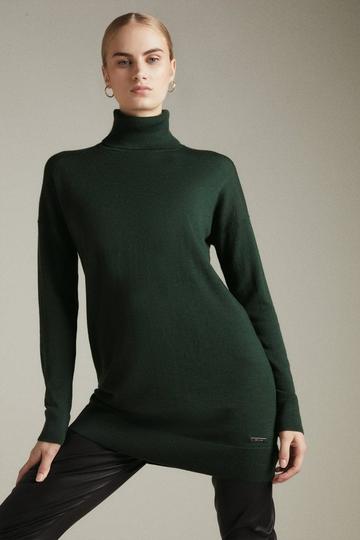 Green Merino Wool Turtleneck Longline Sweater