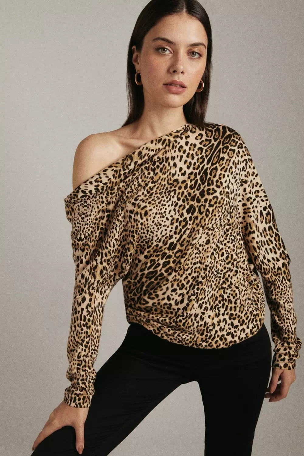 Animal Print Drape Off shoulder Knitted Jumper Karen Millen