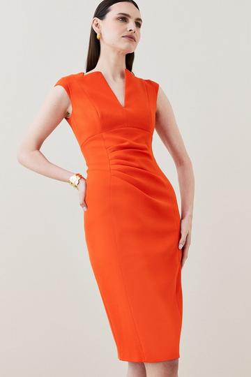 Orange Structured Crepe Tailored Envelope Neck Pencil Midi Dress