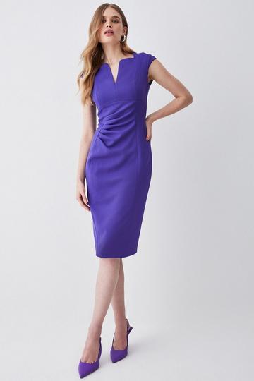 Purple Structured Crepe Tailored Envelope Neck Pencil Midi Dress