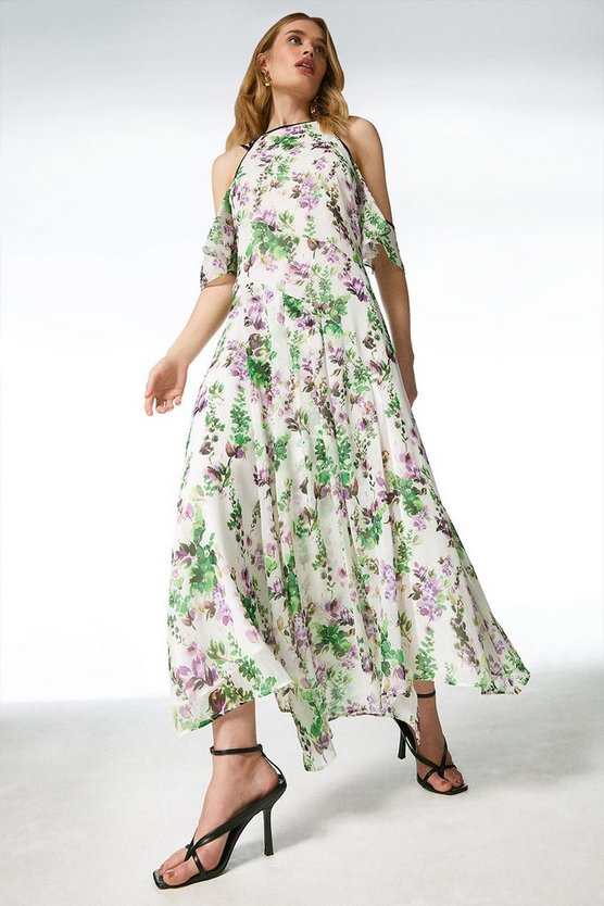 Watercolour Floral Cold Shoulder Midi Dress | Karen Millen