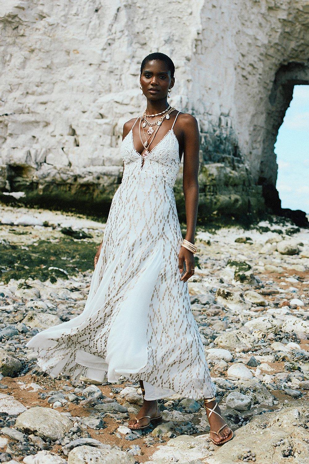 Bead Embellished Halter Drama Woven Maxi Dress | Karen Millen