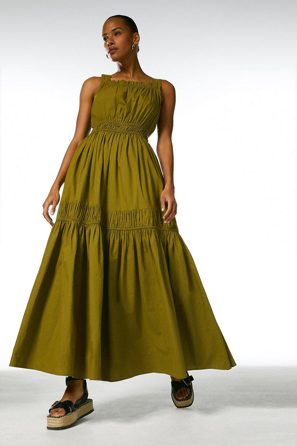 Shirred Cotton Poplin Maxi Dress | Karen Millen