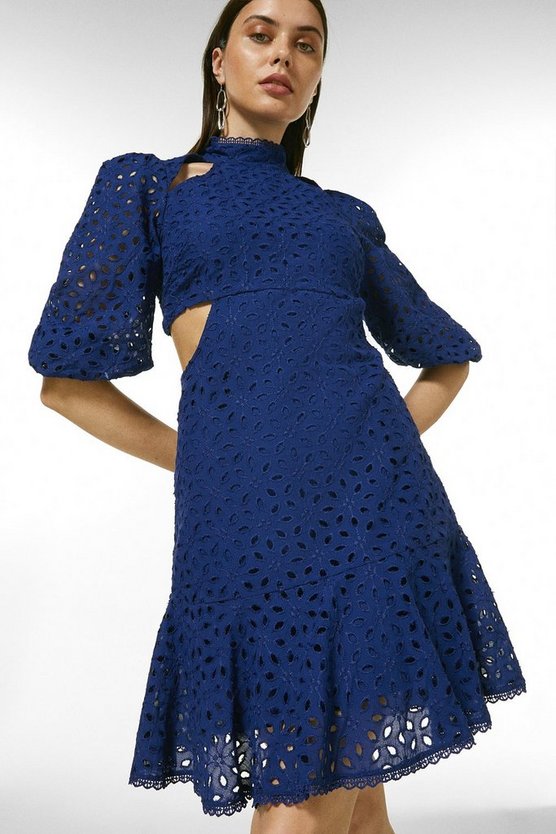Cotton Broderie Cut Out Woven Mini Dress | Karen Millen