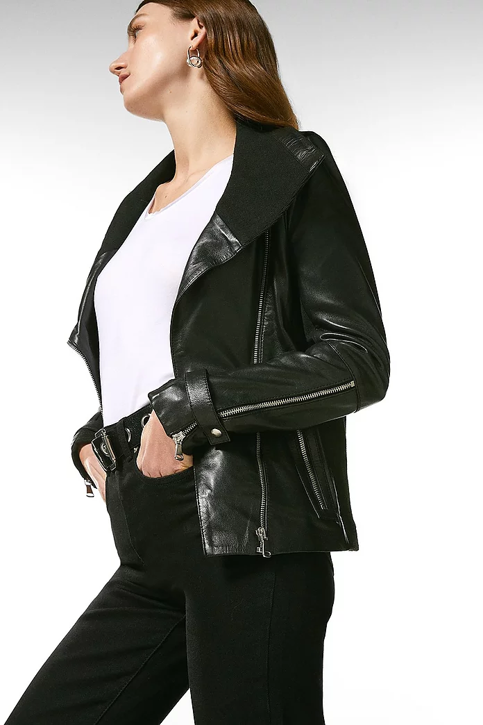 Leather And Knit Envelope Neck Moto Jacket