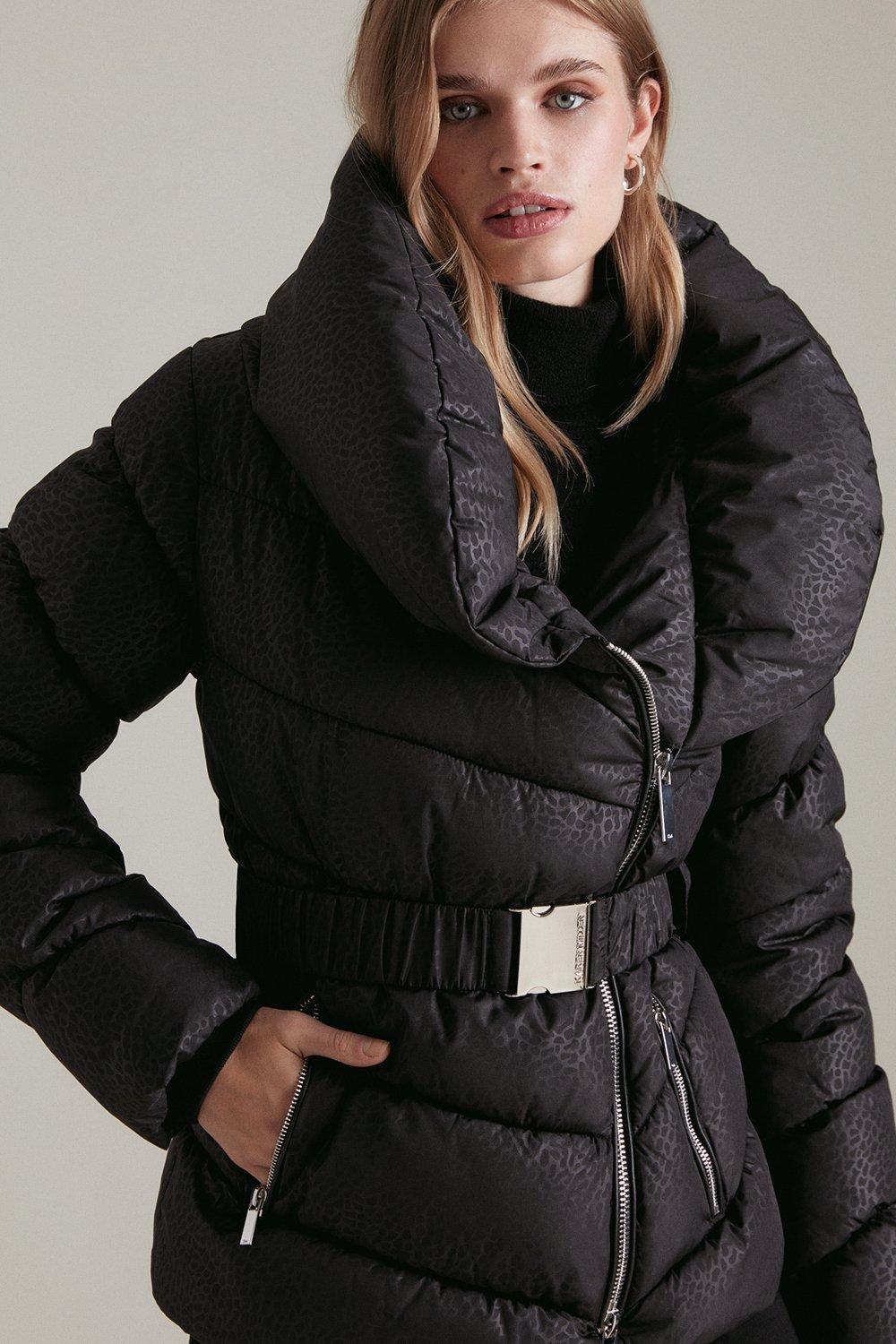 black collared belted puffer jacket