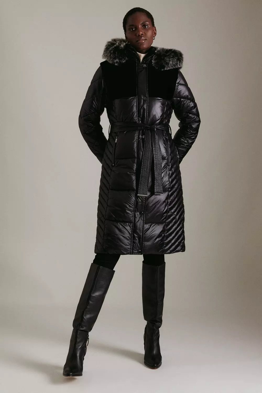 High shine hooded padded coat with faux fur outlet trim