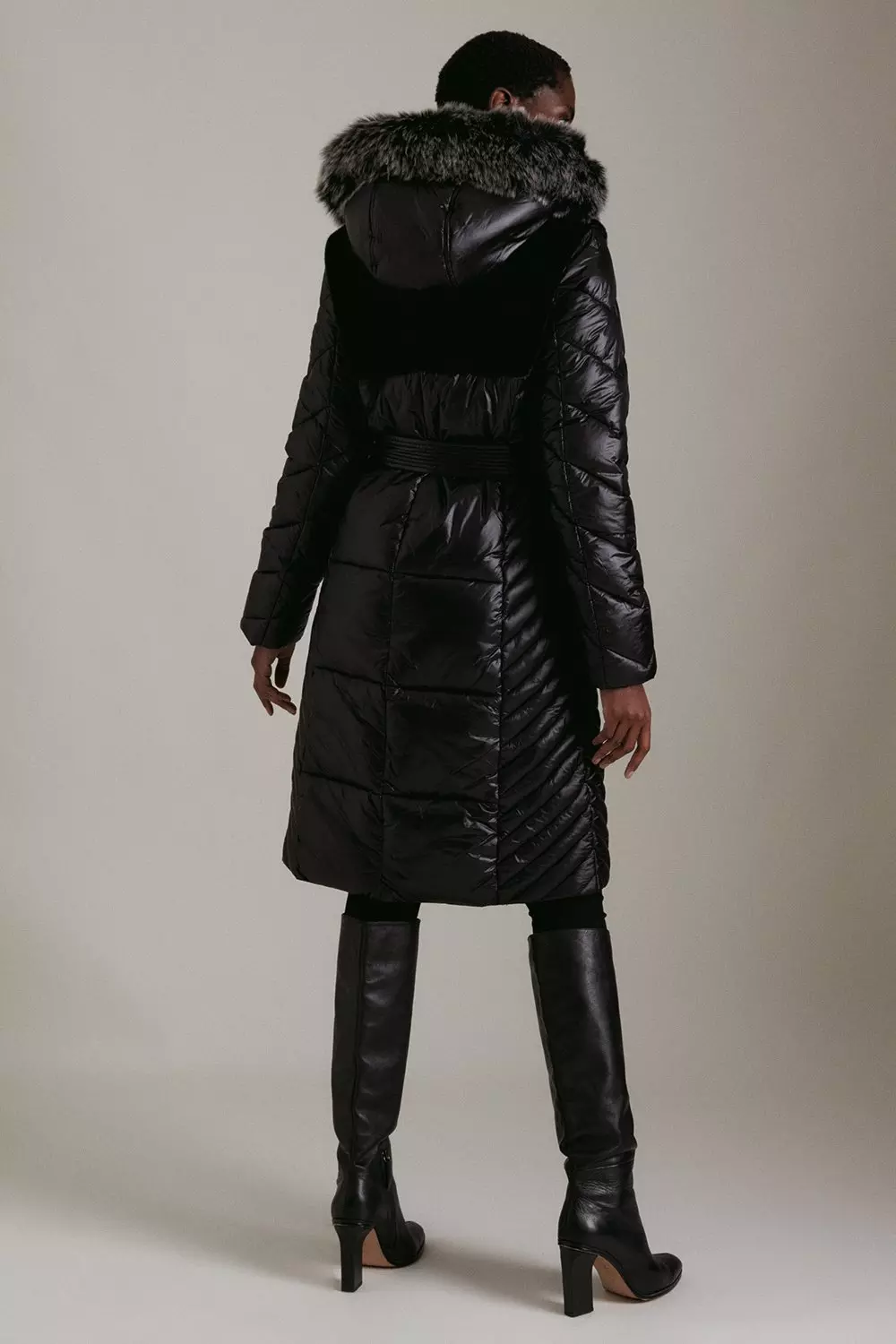 Long Faux Fur Panelled Hi Shine Puffer Coat Karen Millen