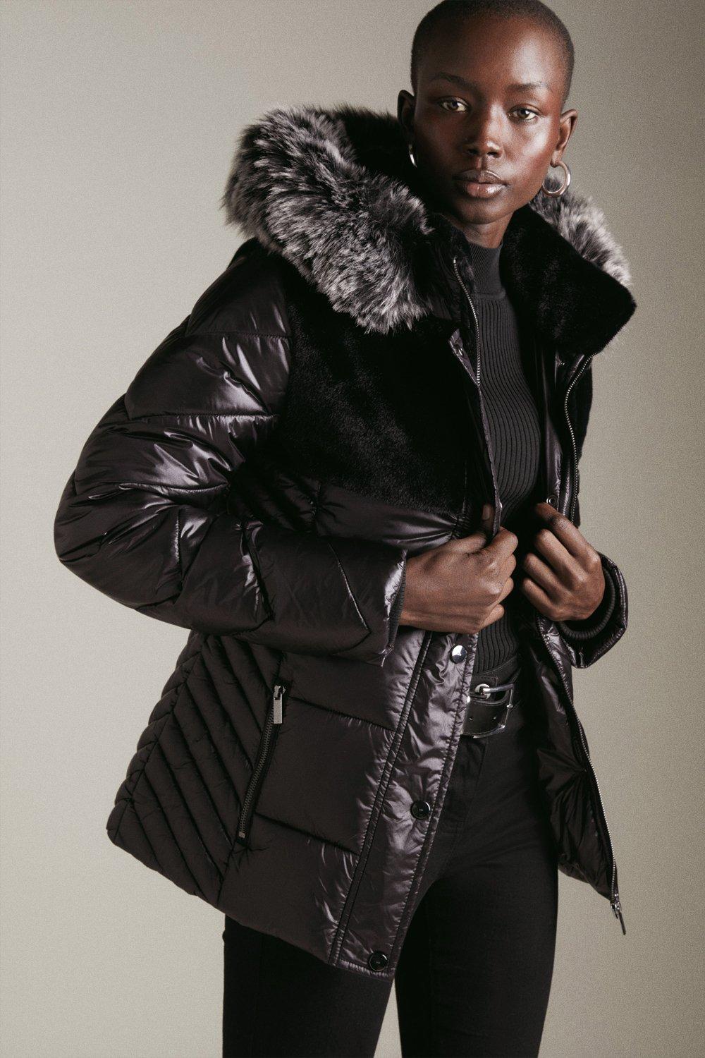 Short Faux Fur Panelled Hi Shine Puffer Coat