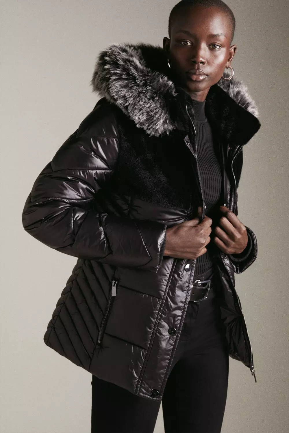 Short Faux Fur Panelled Hi Shine Puffer Coat | Karen Millen