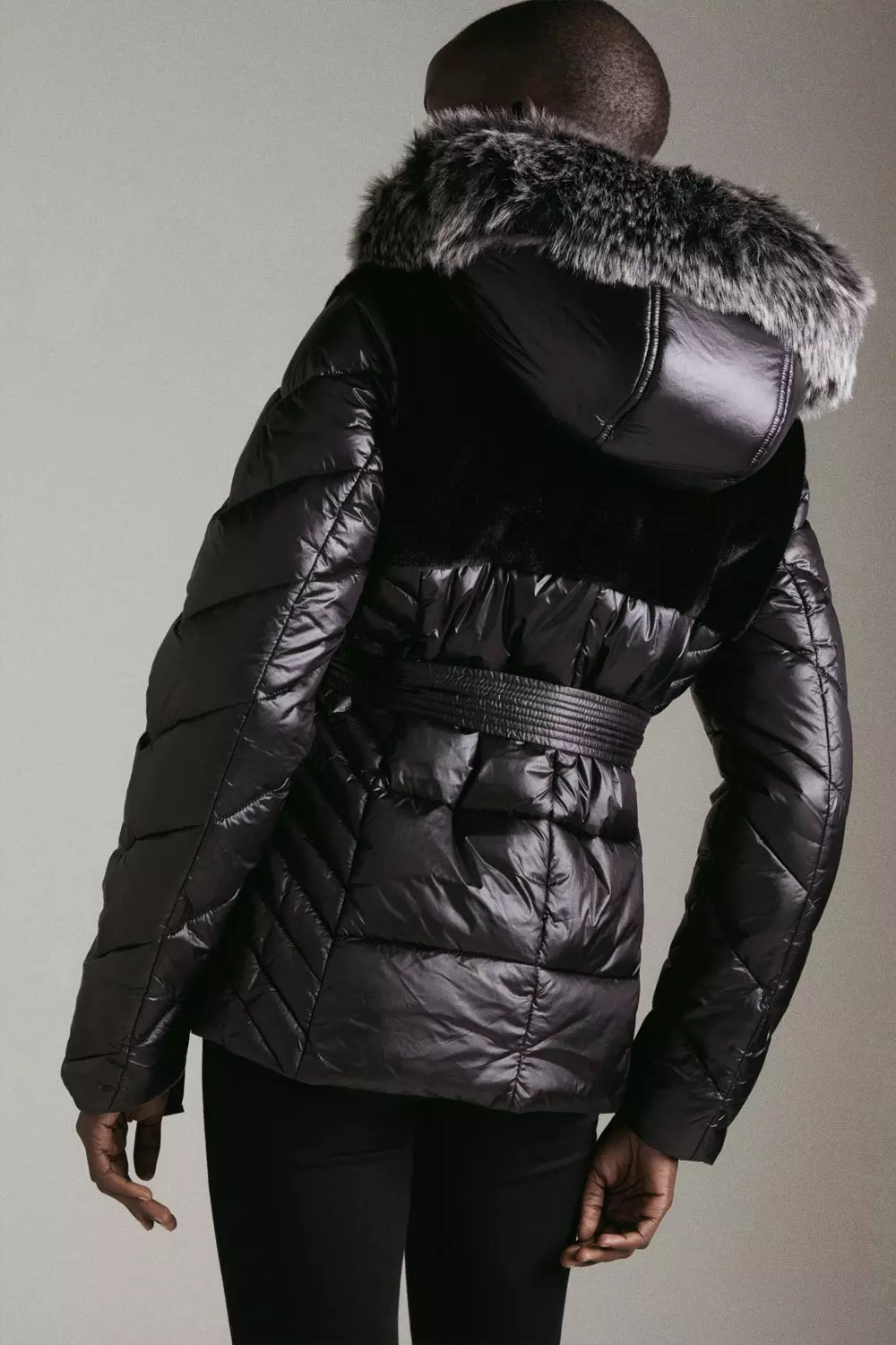 High shine puffer jacket with faux hot sale fur hood