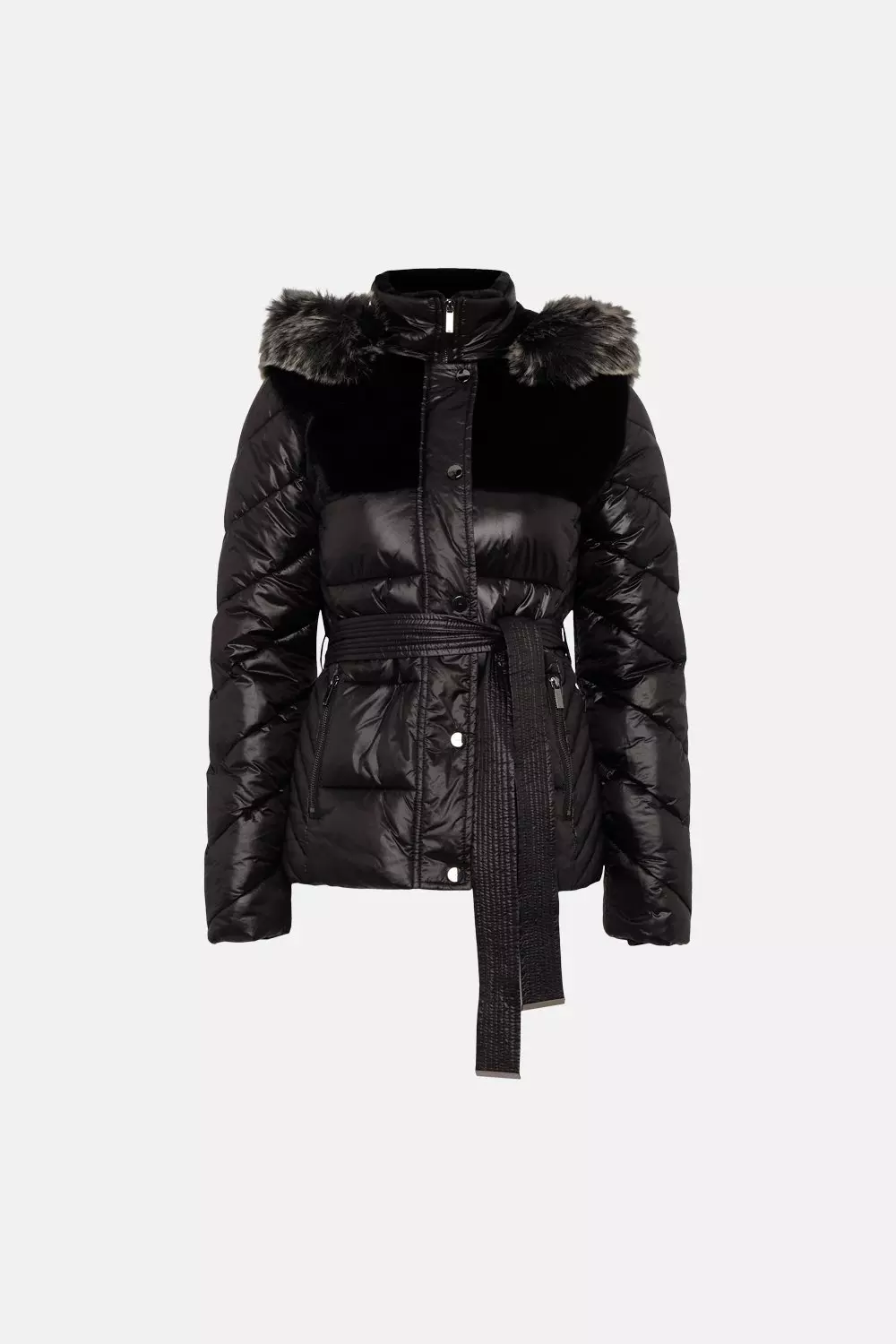 Short Faux Fur Panelled Hi Shine Puffer Coat Karen Millen