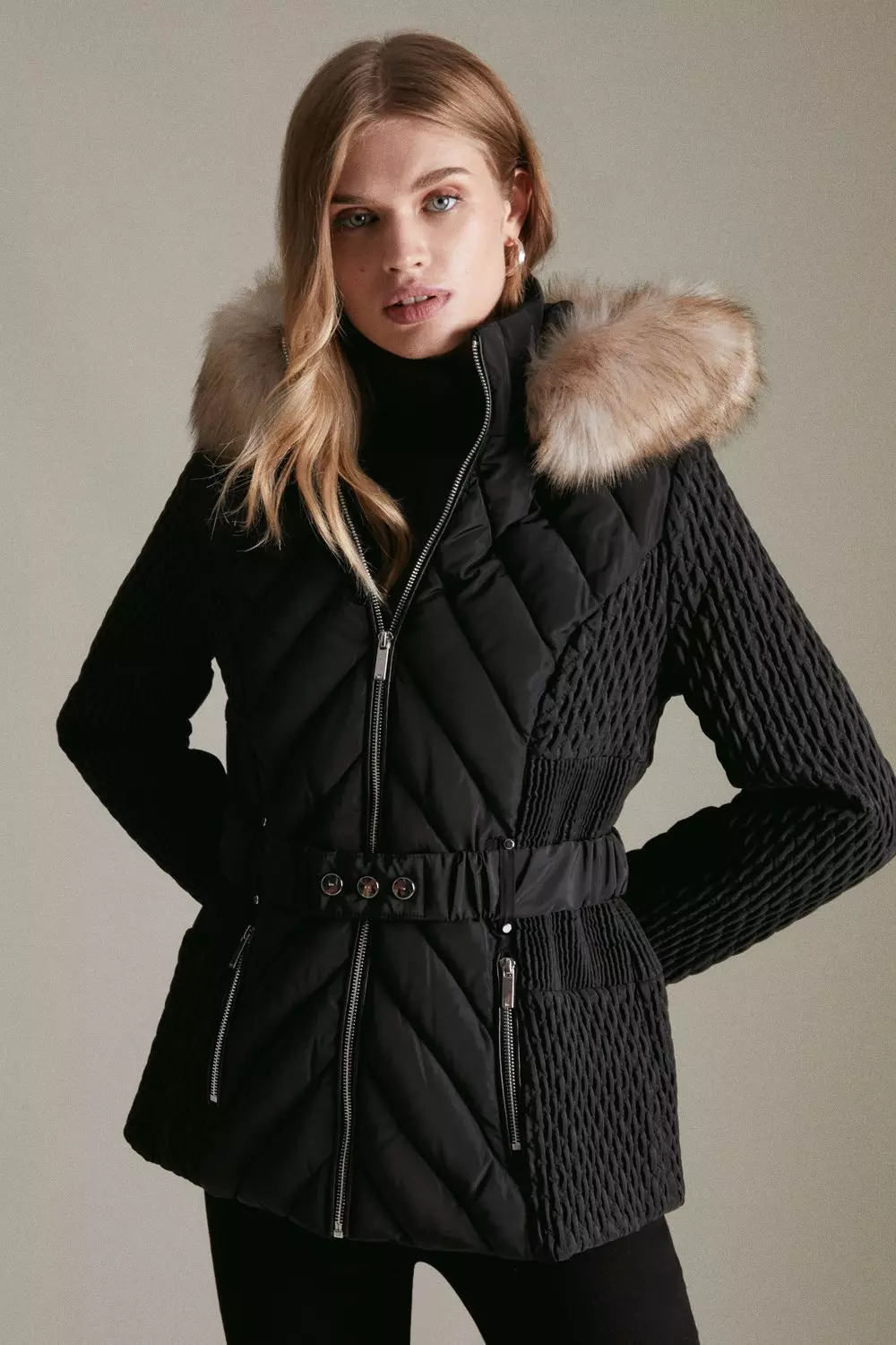 Short Heritage Quilt Faux Fur Trim Hood Coat | Karen Millen