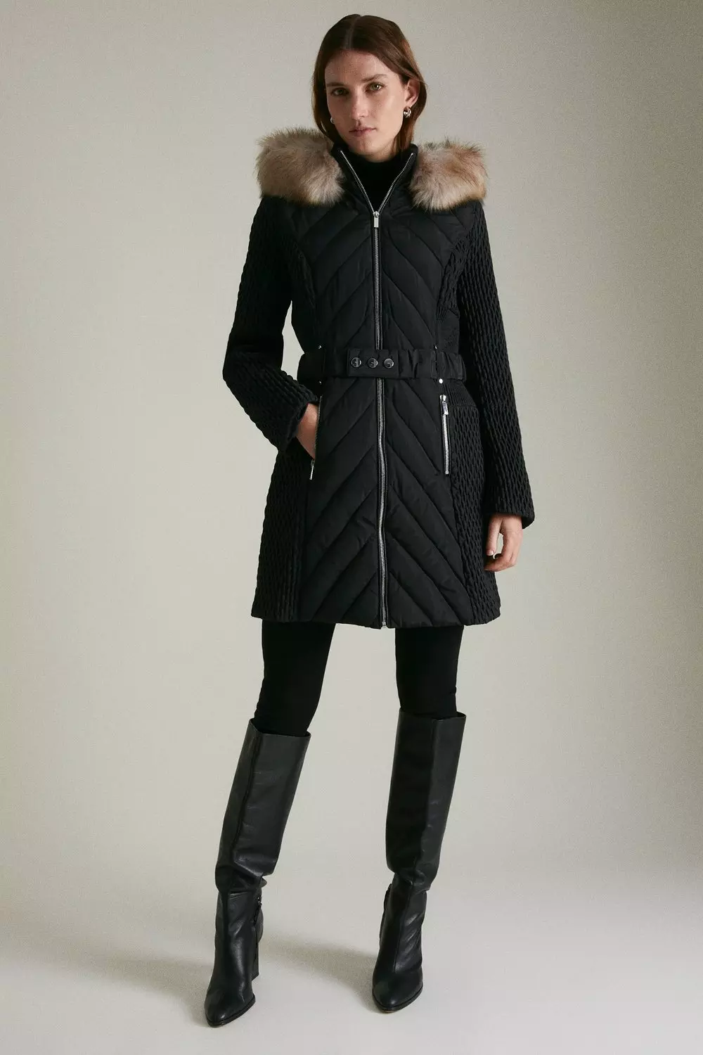 Long Heritage Quilt Faux Fur Trim Hood Coat | Karen Millen