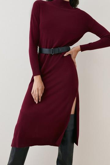 Burgundy Red Cashmere Blend Funnel Neck Belted Knit Midi Dress