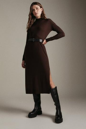 Cashmere Blend Funnel Neck Belted Knit Midi Dress chocolate