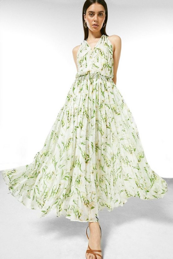 Floral Smocked Beaded Halter Woven Dress | Karen Millen