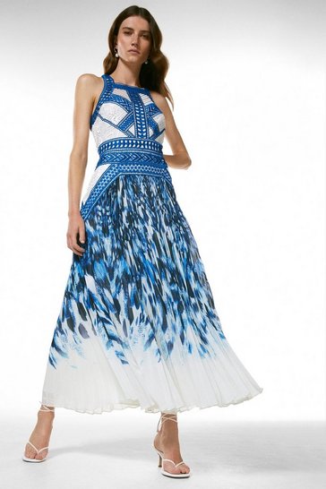 Geo Guipure Lace Printed Pleat Midi Dress