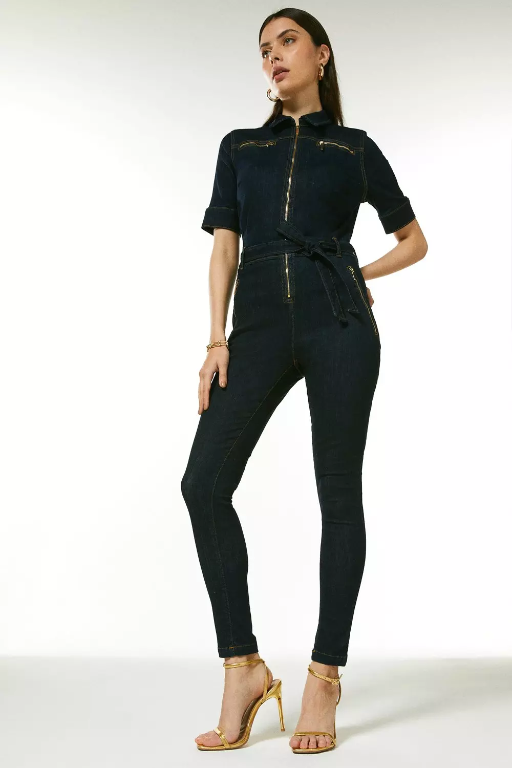 Women Denim Jumpsuit Short Sleeve Front Zip Pockets Bodycon Romper with Belt