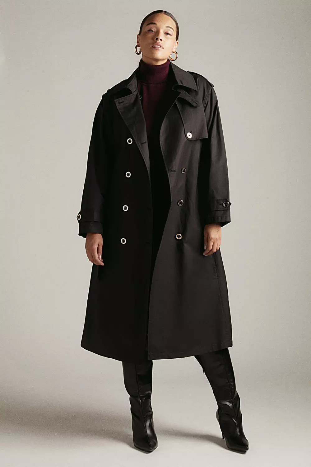 Plus size long store black trench coat