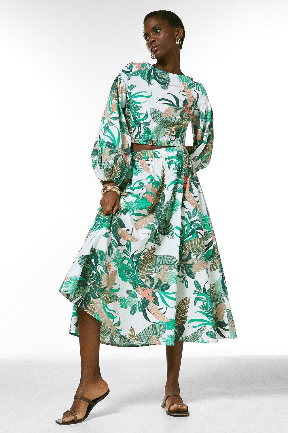 Cotton Poplin Palm Woven Full Skirt | Karen Millen