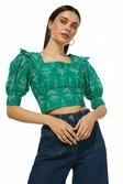Green Embroidered Puff Sleeve Woven Crop Top