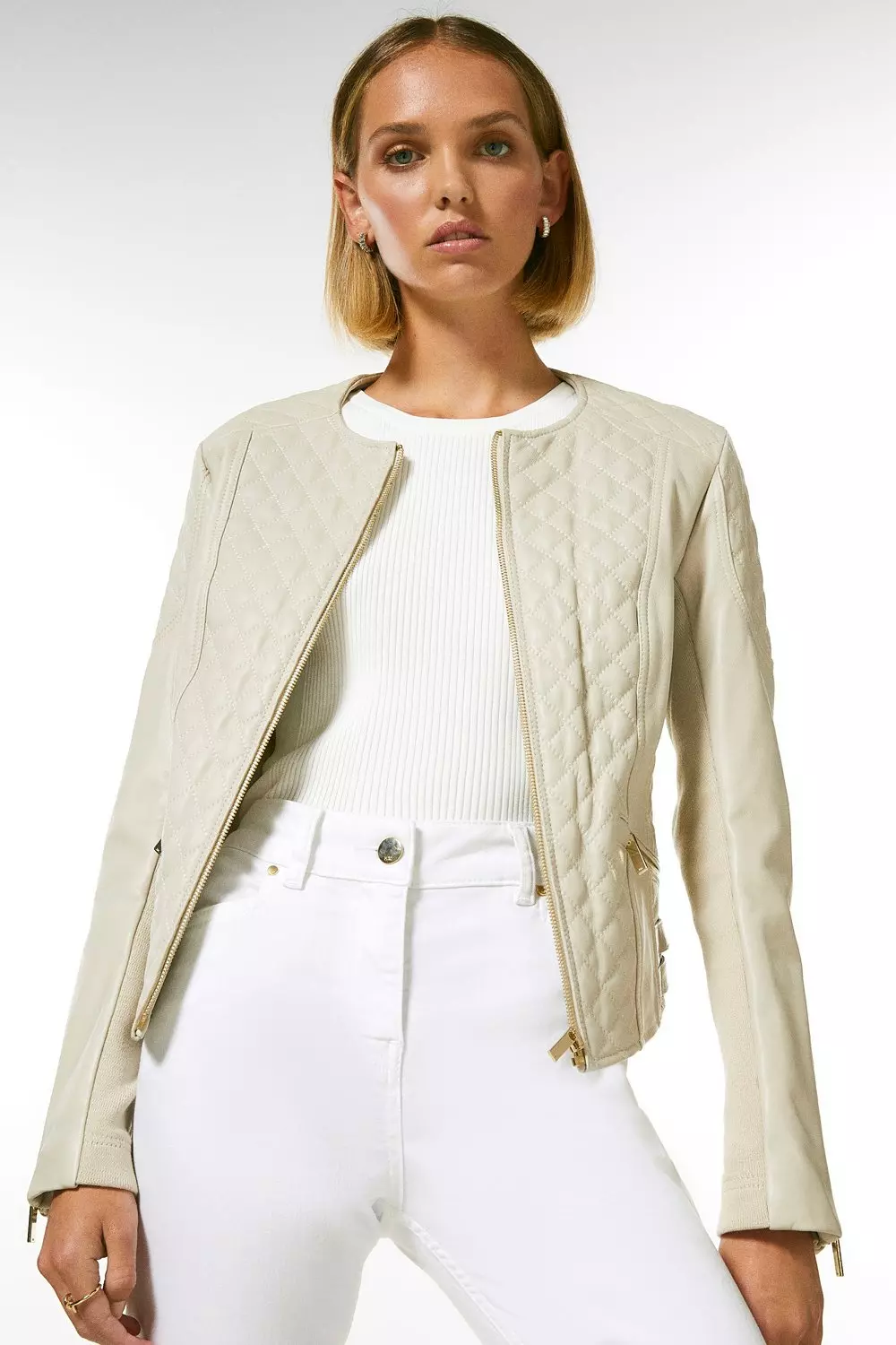 Petite Leather Quilted Moto Jacket | Karen Millen