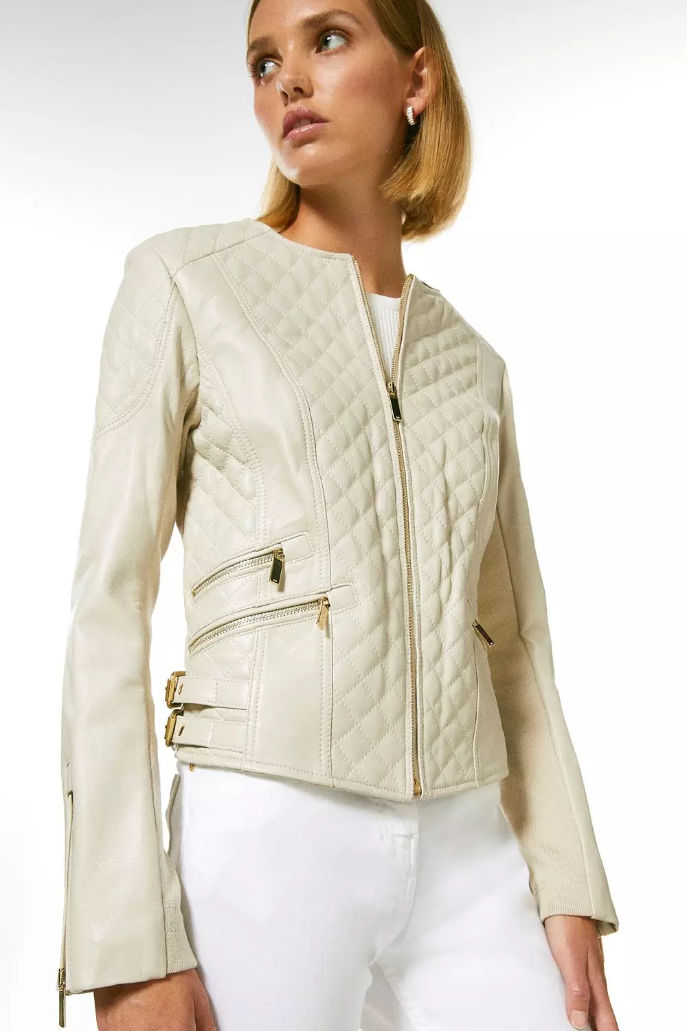 Petite Leather Quilted Moto Jacket | Karen Millen